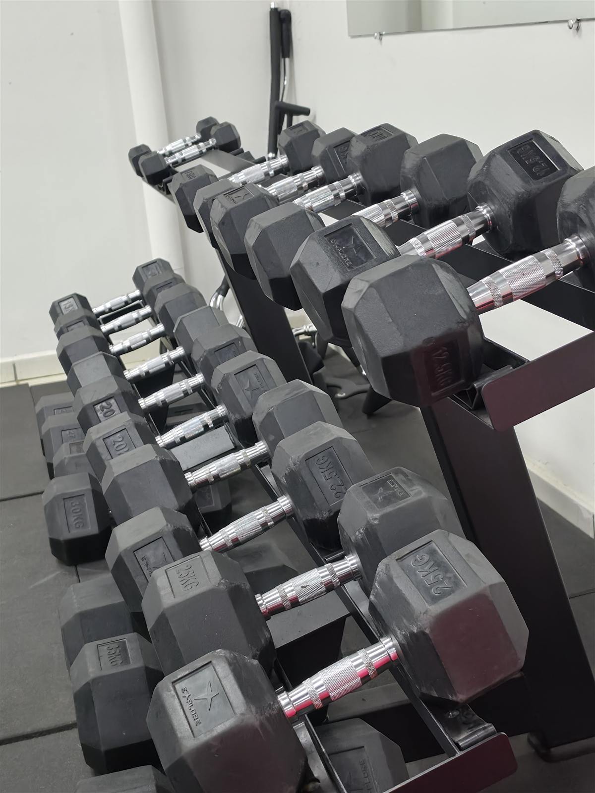 Rack de mancuernas de 5 a 35 kg en la sala de máquinas